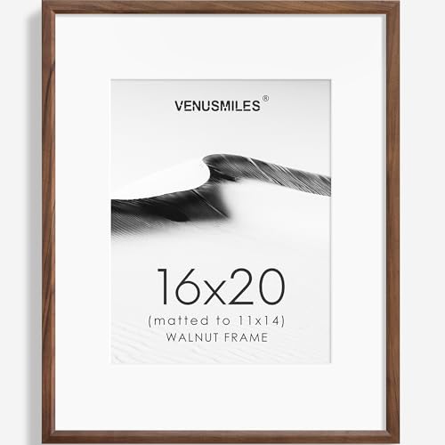 Venusmiles 16x20 Picture Frame Natural Solid Walnut Photo Frames with 11x14 Removable Mat Wall Hanging Large Handcrafted Frame with HD Plexiglass Wall and Tabletop Display Large Poster Frame