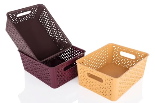 Image of SHUTTLE ART Set Of 3 Plastic Storage baskets For Kitchen, Clothes, Multipurpose Vegetables, Toys, Books, Office, Stationery, Wardrobe /Strong Plastic Material & Side Grip (Medium | Multicolor)