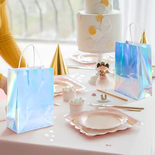 Image of BLEWINDZ 32Pcs Small Paper Gift Bags with Tissues, Iridescent Party Favor Bags with Handles, Holographic Silver Gift Bag for Wedding Baby Shower Birthday Party Supplies