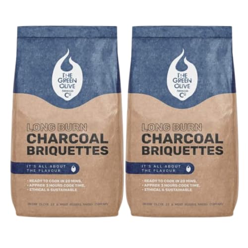 Green Olive Firewood - Long Burn BBQ charcoal Briquettes ideal for charcoal barbecues & firepits - bbq briquettes all natural - bbq coals to keep consistent temperatures - Charcoal bbq - 2 bags (8kg)
