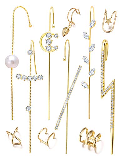 Ear Wrap Crawler Hook Earrings for Women Girls Fashion Unique Gold Cuff Earring Set Rhinestone Ear Jewelry (GOLD MIXED)