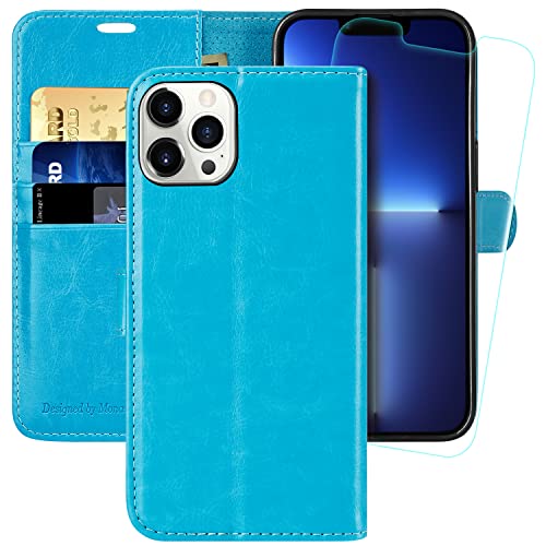 MONASAY Cover per iPhone 13 Pro 5G (6,1 2021) Custodia Portafoglio Tasca Carte Blocco RFID Pelle Sintetica Magnetica Flip Chiusura Protezione Antiurto Portacellulare, Azzurro