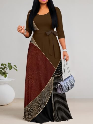 Image of Women's V Neck Floral Maxi Dress 3 /4 Sleeve Plus Size Boho Wrap Flowy Long Dresses with Belt