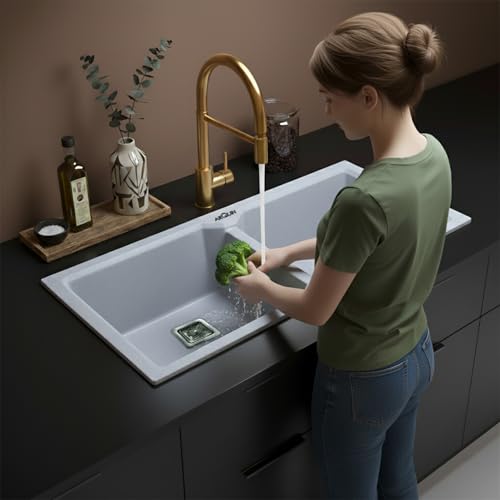 Image of ARQUIN Double Bowl Quartz Kitchen Sink 45x20x9 Inch Sand Pluto | Undermount,Topmount | Including Coupling,Sink Connector,Waste Pipe & Fruit Washing Basket