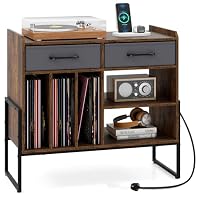 COSTWAY Record Player Stand with Charging Station, Industrial Turntable Stand End Side Table with 2 Drawers & Adjustable Shelf, Albums Vinyl Record Storage Cabinet Holder for Living Room, Rustic Brown