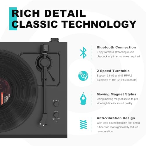 Seasonlife HQ-KZ008 Turntables Vinyl Record Player Built-In Treble And Bass Speakers Phono Preamp Upgraded, High Fidelity All-In-One Record Player Belt Drive thumb #6