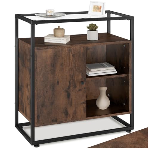 tectake® Kommode, Sideboard, Schrank mit Glasablage, Highboard, Barschrank 70 x 38 x 80,5 cm, Beistellschrank, Mehrzweckschrank, Möbel Wohnzimmer, Schlafzimmer - Industrial Dunkelbraun