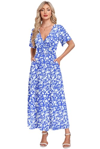 AUSELILY Boho Kleid Damen Lang Bodenlang Hohe Taille Lässiges Lockeres Sommerkleid mit Taschen Blaue Blumen XL 6