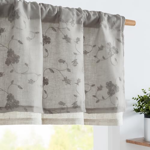 jinchan Sheer Valance for Window Grey Floral Embroidered Valance Light Filtering Gray Voile Window Treatment for Living Room Kitchen Farmhouse Rustic Double Layer Curtain 18 Inch Rod Pocket 1 Panel