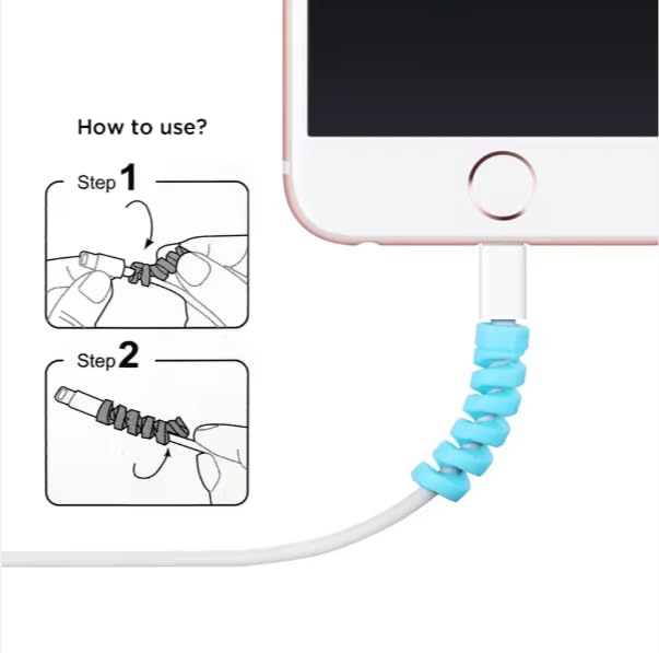 Image of skysia Spiral Cable Charger Protector Wire Protector - Data Cable Saver, Earphone Cable Cover, Cords Protective Wire Winder Sleeve Charger Cover (B&W End Guard (16 Pcs))