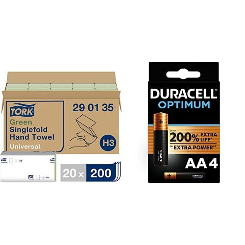 Tork 290135 Toallas de mano de papel Tork Universal Toallitas secamanos absorventes, compatibles con Tork H3, verde + Duracell - Pilas alcalinas Optimum AA, 1.5 Voltios LR6 MX1500, paquete de 4
