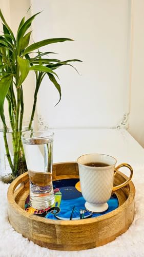 Image of Wooden Designer Round Serving Tray - 12 Inch | Premium Mango Wood Decorative | Eco-Friendly Non-Toxic Multipurpose Serving Tray for Tea, Coffee, Snacks, Home, Kitchen & Gifting(Blue FC)