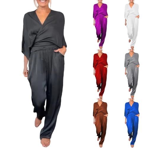 Ensemble haut en satin à col en V et pantalon long pour femme, chic et élégant, 2 pièces haut à manches 3/4 + pantalon cargo multi-poches, costume d'été pour femme, vêtements de détente, maison et