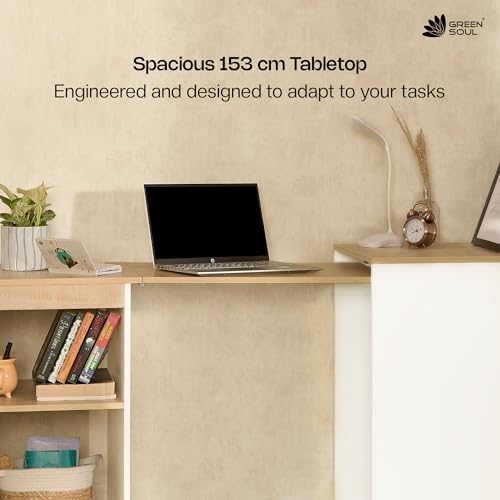Image of Green Soul Kyoto XL Foldable Study Table with Space-Saving Design, Expansive Tabletop, Storage Shelves, Ideal for Study, Bedroom, or Home Office (White Oak) Installation Provided