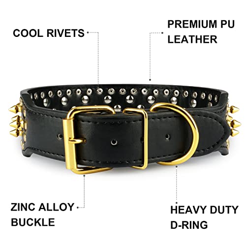 Wide Gold Spiked Dog Collar, Epesiri Dog Chain Collars, Mushroom Rivet Pu Leather Dog Collars, Adjustable Durable Spike Studded Pet Collar For Pitbull Mastiff Bulldog Pugs Husky Rottweiler #TOP2