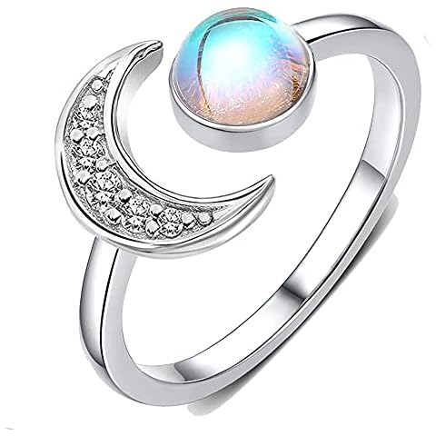 GOLD XIONG PADISHAH Exquisite 925 Sterling Silver Ring White Created selenite Sun and Moon Jewelry Birthday Princess Love Band Rings Open Size Adjustabl Cover