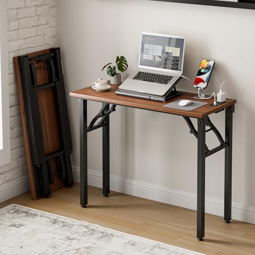 Image of Frylr Small Folding Computer Desk - 35.8 Inch Portable Table for Craft and Study, Lightweight Desk for Small Spaces, Foldable Laptop Table Built-in AC /USB Outlets for Convenience, Dark Walnut