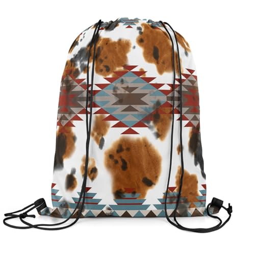 jejeloiu Western Boho Drawstring Backpack Cow Fur Print Sports Drawstring Sackpack Southwestern Drawstring Bags Boho Aztec Waterproof Cinch Bag 13"x15.7"3