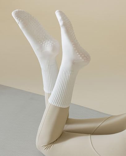 Image of Pilates Socks with Grips for Women - Non Slip Yoga Socks for Athletic Activities - 4 Pairs White Barre Socks