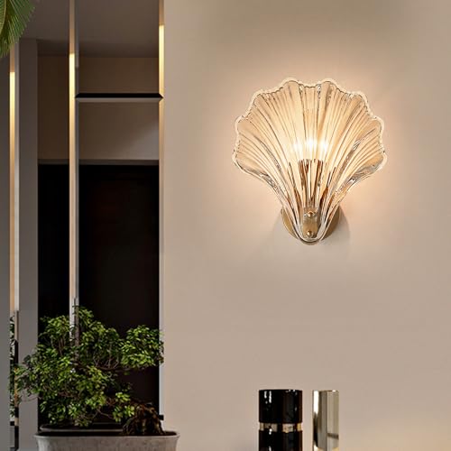 zhxinashu Applique da Parete Interno Moderna – Lampada da Parete a Forma di Conchiglia, Applique Vintage E14 in Vetro per Camera da Letto, Corridoio, Soggiorno o Comodino (Ambra)