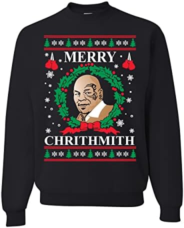 Wild Bobby Merry Chrithmith Mike Tyson Ugly Christmas Sweater Unisex Crewneck Graphic Sweatshirt, Black, 3X-Large