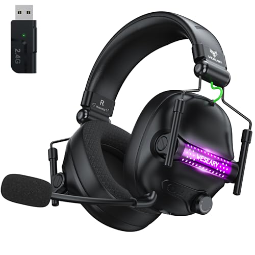 WESEARY Gaming Headset mit Mikrofon, 2,4 G kabelloses Gaming-Headset für PS5, PS4, PC, Switch, Mac, Faltbarer Surround Sound Noise Cancelling Kopfhörer mit LED Licht, Über 50 Stunden Akkulaufzeit