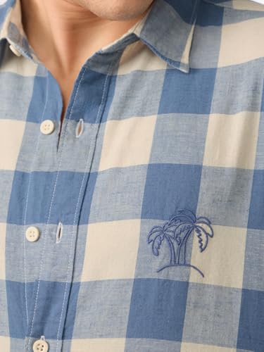 Image of The Souled Store: Blue Sails Men and Boys Long Sleeve Collared Neck Button Front Blue and Cream Checked Embroidered Regular Fit Cotton Linen Shirt
