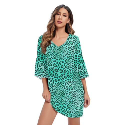 Robe trapèze léopard turquoise femme en mousseline de soie décontractée été chic
