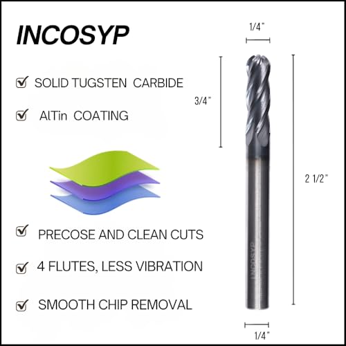 Image of Generic Carbide Ball Nose end Mill 1 /4 inch inch - 4 Flutes AlTin Coated - 1 /4 inch inch Shank - 3 /4 inch inch Length for Cut - HRC 55 - for Milling Alloy Steels, Hardened Steels, Stanless Steel.