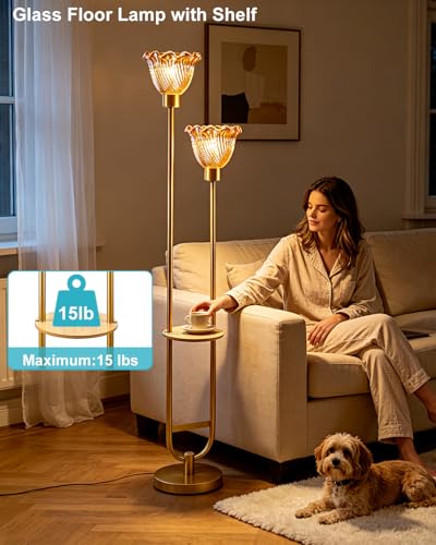 Image of Lightdot 2-Lights Modern Glass Floor Lamp with Table Gold Standing Tall Lamps with Amber Floral Glass Shade,LED Floor Lamp with Foot Switch for Living Room Bedroom Home Decor (3000K Bulbs Included)