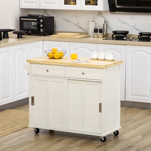 HOMCOM Carrito de Cocina Isla de Cocina Multifuncional con 4 Ruedas 2 Puertas Correderas 2 Cajones Estantes Ajustables y Barra de Colgar para Comedor Sala 110x49,5x89,5 cm Crema - imagen 2