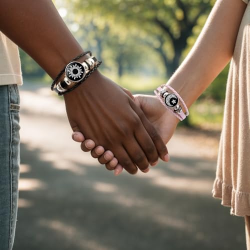 Luminous Sun and Moon Couple Bracelet - Glow in the Dark Matching Braided Leather Jewelry for Couples, Adjustable Long Distance Love Gift for Him & Her4