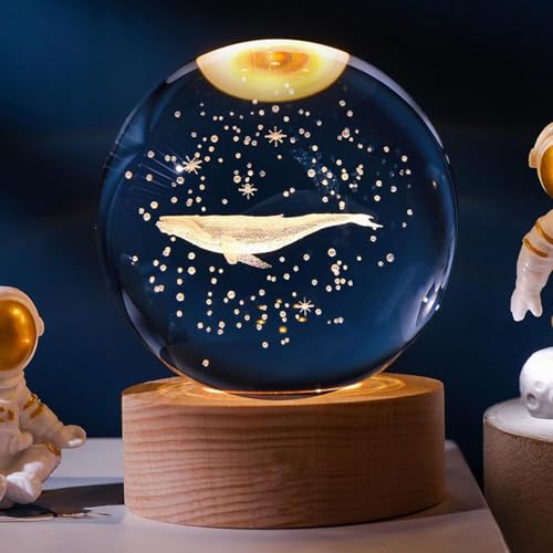 Image of 3D Crystal Ball LED Night Lamp with Wooden Base | Warm Light Bedside Table Lamp for Bedroom, Living Room, Kids Room, Study, Home Decoration & Gifting (Whale)