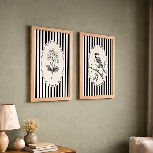 Image of NoWorries Vintage Botanical Bird & Floral Wall Art Prints Set of 2, Black and White Striped Gallery Wall Decor, Minimalist Farmhouse Bird Illustration, Framed Nature Artwork for Living Room Bedroom Office (Art-1, 17x25inch)