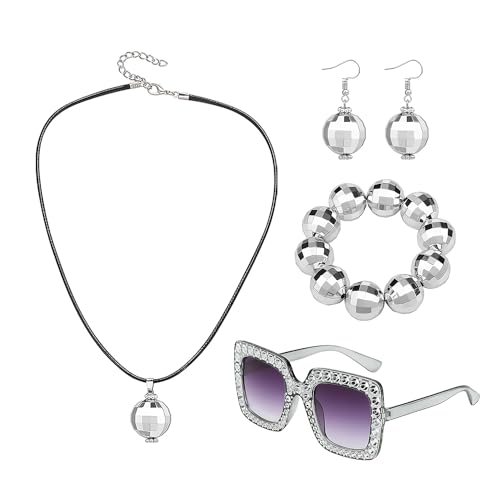 1 conjunto de jóias de bola de discoteca, composto por óculos, colar, pulseira, brincos, acessórios de carnaval, acessórios para mulher, acessórios de bola de purpurina, óculos de graduação, brincos,