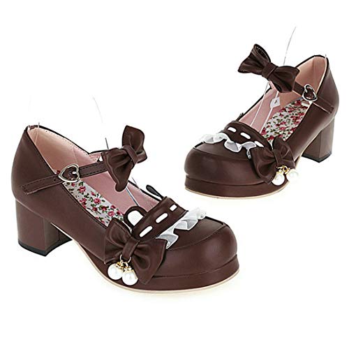 VOKLIN Women's Girls Lolita Mary Jane Shoes Sweet Bow Ankle Strap Block Mid Heel Princess Oxford Dress Pumps2