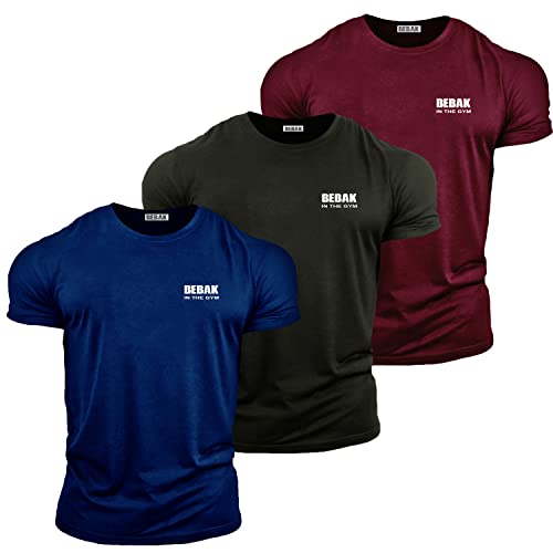 bebak Mens Gym T Shirt Pack of 3 | Bodybuilding Clothes for Men Wear Multi-Pack Training Tops (Black, Navy & para Maroon) 2XL