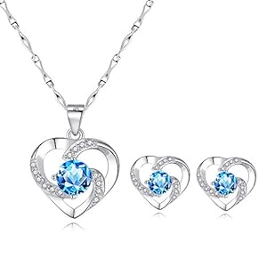 wynn’s Silver Jewellery Set for Women, 925 Sterling Silver Heart Stud Earrings, Silver Necklace Pendant Set with White/Blue/Purple Cubic Zirconia, Gift for Girlfriend Mother Wife