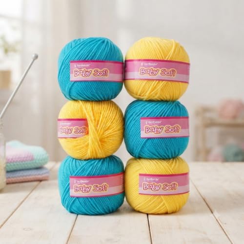 Image of Vardhman BabySoft Knitting Yarn | 100% Acrylic Wool | 4 Ply | Thin Knitting & Crocheting Hook Thread & Lightweight | Special Baby Wool | 150 Grams (6 Balls of 25g) | Machine Washable | Ideal for Blankets, Hats, Booties Ultra-Soft for Baby Sweaters, Blankets, Caps, Socks, Soft toys, Art & craft (Blue23 + Yellow85)