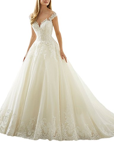 Vestido de novia con escote en V y apliques de encaje