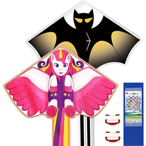 2 Sets Kites for Kids & Adults, Large Black Kite and Unicorn Kite for Kids 3-8+ Easy to Fly, for Beginners with Kite String and Handle, for Boys Girls Outdoor Activities and Beach Games Gifts Cover