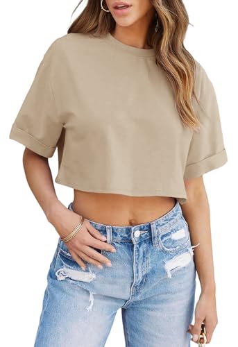 Tankaneo Women Crop T-Shirts Half Sleeve Drop Shoulder Cropped Tops Y2K Casual Summer Basic Tees Khaki