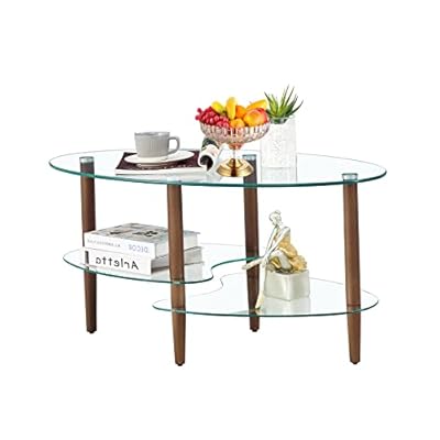 Glass Coffee Table, Modern Oval Coffee Table in Living Room with Oak Wood Leg and 2 -Tiers Glass (Clear), Tea Table for Home Office