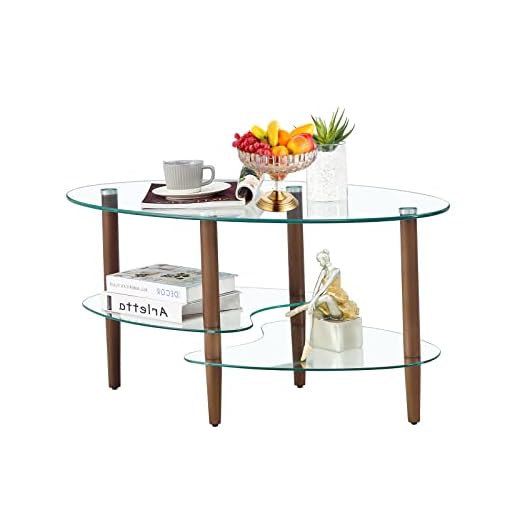 Glass Coffee Table, Modern Oval Coffee Table in Living Room with Oak Wood Leg and 2 -Tiers Glass (Clear), Tea Table for Home Office