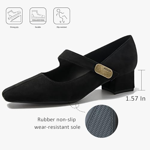 Women's Suede Square Toe Low Chunky Heel Mary Janes with Adjustable Hook and Loop Fashion Metal Accent Comfortable Block Heel Non-Slip Pumps for Wedding Party Dress Work3