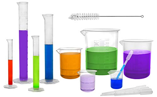 EISCO Ultimate Plastics Kit - 15 Piece Science Lab Set - Includes 5 Polypropylene Beakers, 4 Polypropylene Graduated Cylinders, 5 Disposable LDPE Pipettes & Nylon Cleaning Brush by EISCO - Used condition - US$17.48