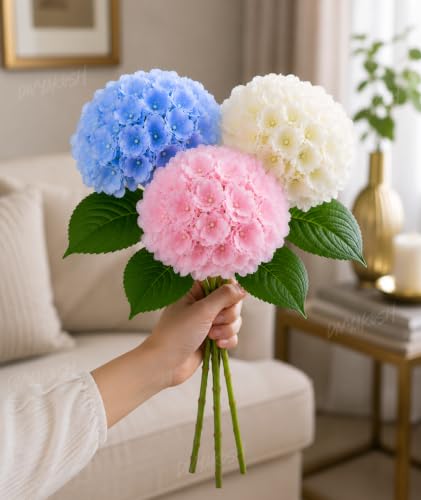 Image of Divyakosh 3 Hydrangea Flower Sticks (Vases Not Included), Artificial Flowers Bunch, Artificial Flower for Vase, Luxury Floral Arrangement, Living Room Office Dining Table Centerpiece Home Decor