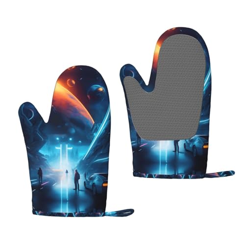 Science Fiction Future - Guantes de silicona para horno, un par de guantes antideslizantes para el hogar, cocina, al aire libre, barbacoa, pan
