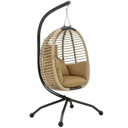Outsunny Silla Colgante Huevo con Soporte Columpio de Jardín Exterior con Cesta Plegable Reposacabezas Cojín Bolsillo Lateral Columpio Colgante para Interior y Exterior Carga 120 kg Beige