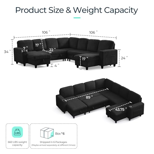 Image of LINSY HOME Sectional Sleeper Sofa with Pull Out Couch Bed - Convertible Plush Corduroy Cloud Couches with Storage Chaise & USB Charging, Comfy Modular Couch for Living Room, Black